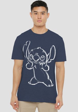 Navy blue cotton t-shirt featuring a white graphic of a cartoon character with large ears and expressive eyes, depicted in a playful pose.
