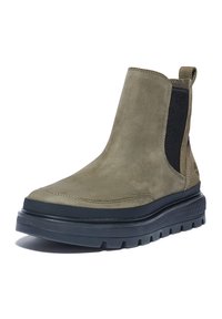 Olivově zelené kotníkové boty vyrobené z semiše s elastickými bočními panely a šedou gumovou podrážkou. Mají hladkou texturu a zaoblený tvar špičky.