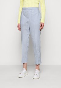 Světle modré pruhované kalhoty s tvarovaným střihem, zkrácenou délkou a hladkým povrchem. Spárované s bílými teniskami pro ležérní vzhled.