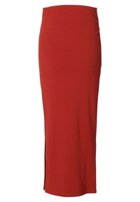 Rippierter roter Maxirock mit hoher Taille und seitlichem Schlitz, aus weichem Stretchstoff gefertigt, mit glatter Textur und figurbetontem Design.