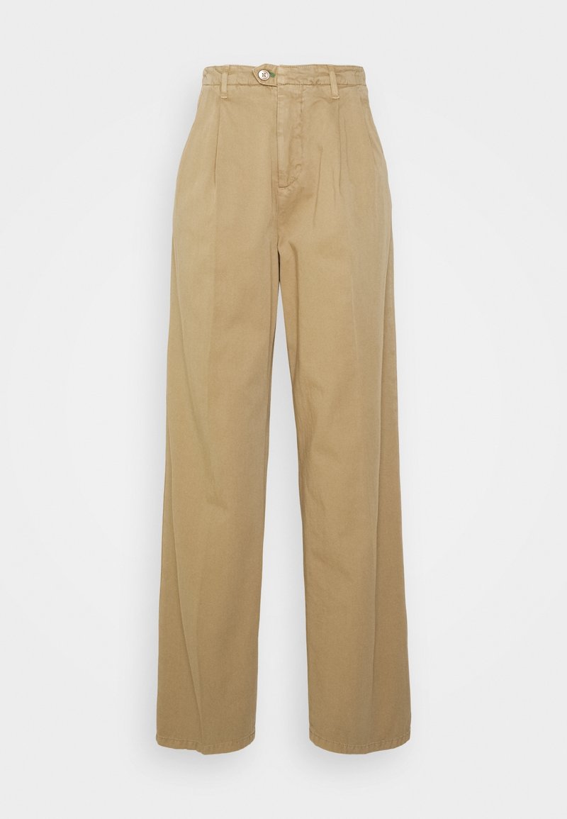 Pantalon kaki à jambes larges en tissu mélange de coton, doté d'une taille haute, de deux plis à l'avant et d'une fermeture à bouton unique.