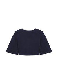 Maglione blu navy tagliato, con maniche corte, scollatura rotonda e polsini a coste. Trama a maglia liscia senza motivi visibili o decorazioni.