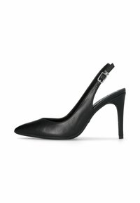 Scarpa nera con tacco alto e cinturino alla caviglia, con punta affusolata, texture in pelle liscia, cinturino regolabile e design del tacco elegante.