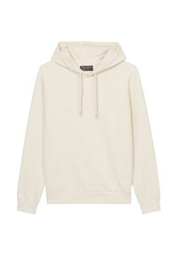 Hoodie color crema con tasca a canguro frontale, cappuccio con cordino e polsini a coste. Presenta un piccolo dettaglio del logo sull'orlo.