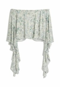 Lightweight floral chiffon crop top with off-shoulder design and cascading ruffled long sleeves in soft pastel blue and gray tones.