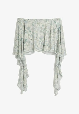 Lightweight floral chiffon crop top with off-shoulder design and cascading ruffled long sleeves in soft pastel blue and gray tones.
