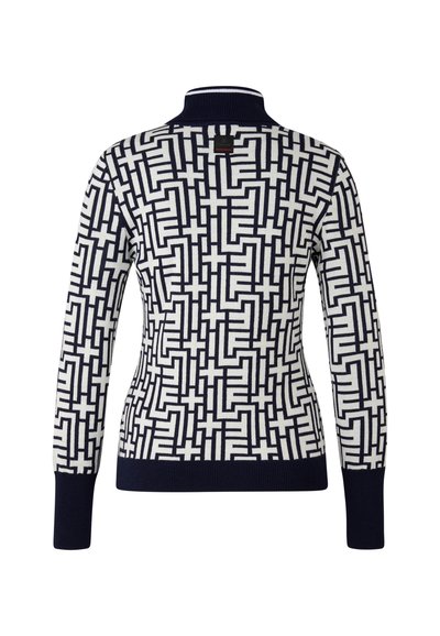 Sweter dziany w kolorze granatowym i kremowym z geometrycznym wzorem. Kołnierz szalowy i ściągacze przy mankietach dopełniają projekt. Wykonany z miękkiego materiału.