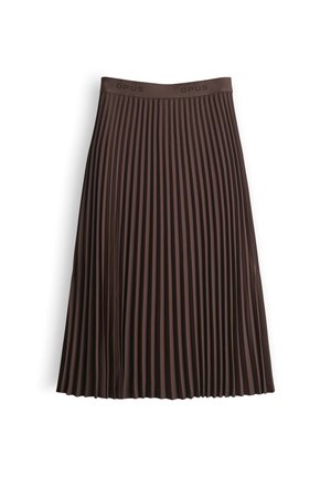 Plissierter Midirock in Dunkelbraun aus strukturiertem Material mit hohem, markengeprägtem Bund. Verfügt über vertikale Falten für eine fließende Silhouette.