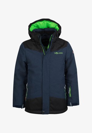 Navy blue insulated jacket featuring a black upper section, green lined hood, front zipper, and side pockets with contrasting zippers.
