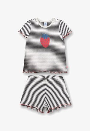 Zweiteiliges gestreiftes Schlafanzugset für Mädchen mit kurzen Ärmeln, Shorts, Rüschensaum und einem großen roten Erdbeermotiv auf dem Oberteil.