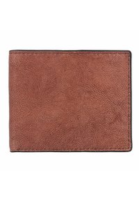 Brown textured leather wallet with a grained surface, black stitched edge, and a rectangular shape. No visible hardware or accents.