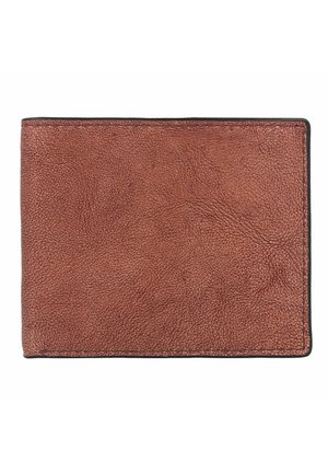Portefeuille en cuir brun texturé avec une surface granuleuse, bord noir piqué et forme rectangulaire. Pas de quincaillerie ou d'accents visibles.