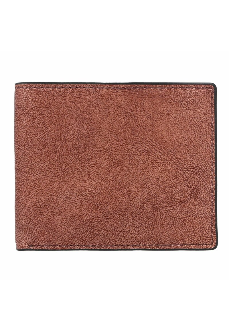 Brown textured leather wallet with a grained surface, black stitched edge, and a rectangular shape. No visible hardware or accents.