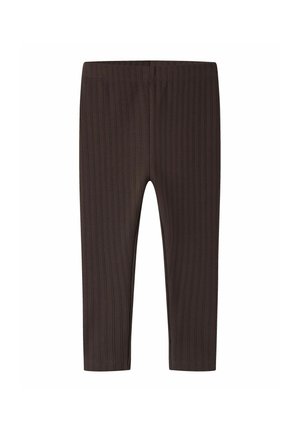 Leggings en maille côtelée marron foncé avec une taille élastique, présentés à plat sur fond blanc.