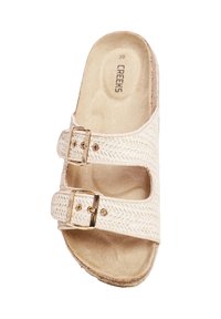 Sandalo wedge beige chiaro con due cinturini regolabili con fibbia dorata. Texture intrecciata sui cinturini, plantare morbido e forma leggermente sagomata. Taglia 39.
