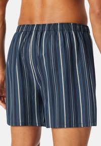 Gestreepte zwembroek in donkerblauw met lichtblauwe en grijze strepen. Voorzien van een elastische tailleband en een lichte, gladde textuur.