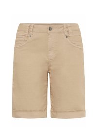 Shorts beige de corte recto, con dobladillos enrollados, diseño de cinco bolsillos y cierre de botón metálico. Fabricados con una mezcla de algodón.