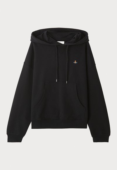 Black hoodie made of soft fabric, featuring a kangaroo pocket, drawstring hood, and a small embroidered design on the chest.