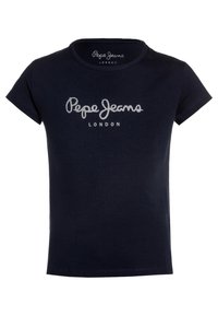 Mörkblå bomullströja med korta ärmar och rund halsringning. Har silvrig logotyptext "Pepe Jeans LONDON" på framsidan.
