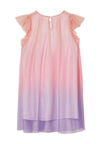 Leichtes, durchsichtiges Kleid mit einem Farbverlauf von Pink zu Lila, verziert mit Glitzer, Rüschensäumen und einem Schlüssel-Loch-Ausschnitt hinten.