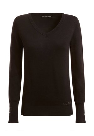 Maglione nero a scollo a V realizzato in morbido tessuto a maglia, con maniche lunghe accentuate da bottoni e dettaglio del logo all'orlo.