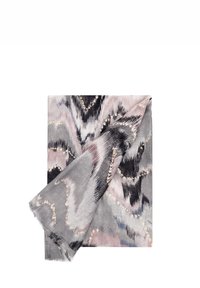 Sciarpa grigia a fantasia con design astratti rosa e neri. Tessuto morbido con bordi frangiati. Il tessuto leggero consente uno styling versatile.
