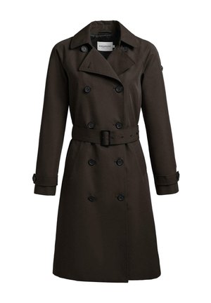 Dunkelbrauner, doppelt geknöpfter Trenchcoat mit breiten Revers, tailliert mit Gürtel, mit geknöpften Manschetten und Taschen, entworfen für Frauen.