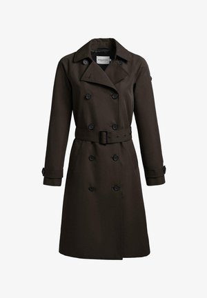 Mørkebrun dobbeltradet trenchcoat med brede revers, bælte i taljen, knaplukning ved ærmerne og lommer, designet til kvinder.