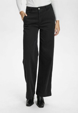Black wide-leg trousers made of cotton, featuring a high waist, a silver button closure, and side pockets. Smooth texture with a clean finish.