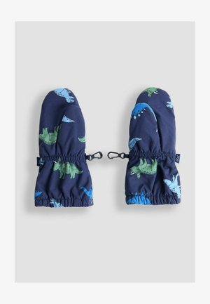 Lastel sinised kindad roheliste ja siniste dinosaurusmusteritega, elastsete randmetega ja plastklippidega kinnitamiseks.