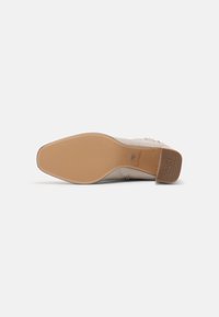 Semelle et talon d'une chaussure de ville beige pour femme avec un bout carré, une semelle antidérapante et un talon bloc bas sur fond blanc.