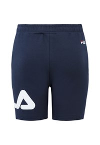 Shorts sportivi blu navy realizzati in tessuto morbido, con un design del logo bianco sulla gamba e una vita elastica per il massimo comfort.