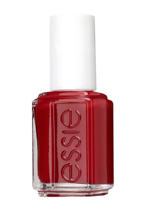 Rode nagellak in een vierkante glazen fles met een witte dop. Heeft een gladde, glanzende afwerking en de merknaam "essie" in reliëf op de zijkant.