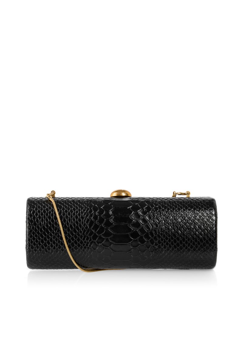 Black snake-textured clutch with a gold clasp and chain strap. Rectangular shape, smooth finish, and detailed pattern across the surface.