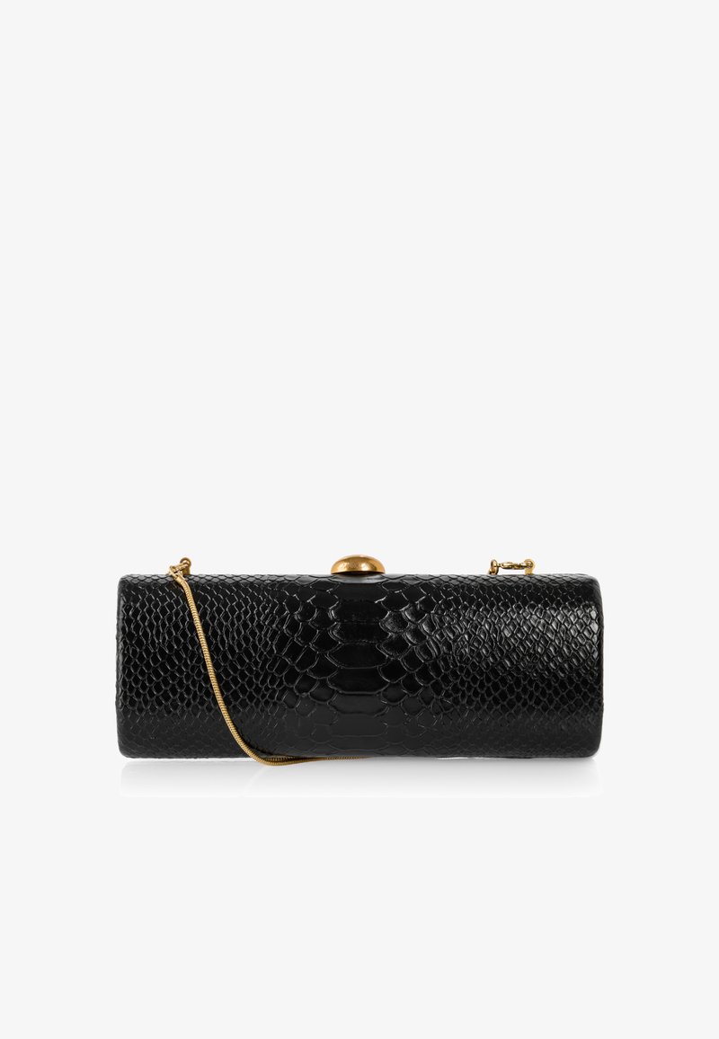 Black snake-textured clutch with a gold clasp and chain strap. Rectangular shape, smooth finish, and detailed pattern across the surface.
