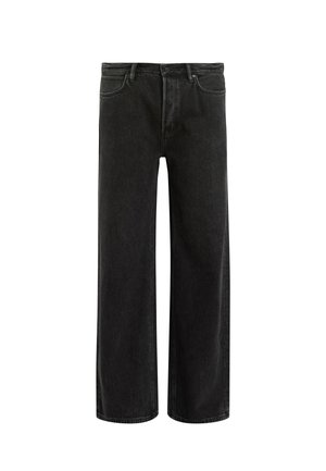 Jean en denim noir à jambes larges avec taille haute, présentant un design classique à cinq poches et un léger délavage pour un aspect texturé.