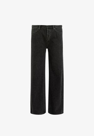 Sorte denim bredde ben jeans med høj talje, med klassisk fem-lomme design og subtil falmning for et tekstureret udseende.