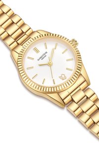 Goldfarbene Edelstahluhr mit einem weißen Zifferblatt, goldenen Stundenmarkierungen und einer strukturierten Lünette. Verfügt über ein Gliederarmband und ein Logodetail.