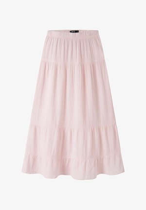 Šviesiai rožinė sluoksniuota midi sijonas su elastine juosmens juosta ir subtilia tekstūruota medžiaga, vidinėje juosmens juostos pusėje pažymėtas "LMTD".