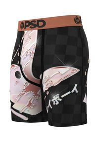 Bokserice z črnim karirastim vzorcem, ki vsebujejo sijoč roza grafični motiv in srebrne detajle. Mehka elastika s 'PSD' blagovno znamko.