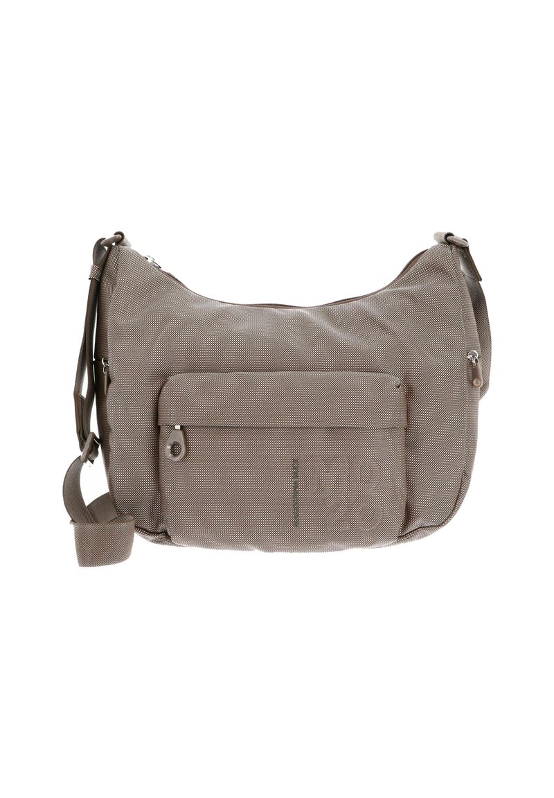 Borsa a tracolla in tessuto beige con forma curva, tracolla regolabile, tasca frontale con zip e superficie testurizzata. Presenta una stampa con il logo.