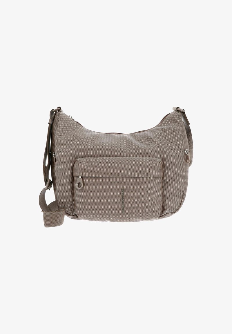 Borsa a tracolla in tessuto beige con forma curva, tracolla regolabile, tasca frontale con zip e superficie testurizzata. Presenta una stampa con il logo.