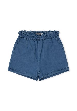 Pantalones cortos de mezclilla azul de cintura alta con cinturilla elástica con volantes, bolsillos delanteros y dobladillo doblado, colocados planos sobre un fondo blanco.