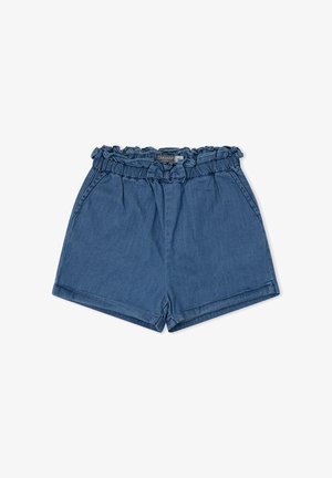 Pantalones cortos de mezclilla azul de cintura alta con cinturilla elástica con volantes, bolsillos delanteros y dobladillo doblado, colocados planos sobre un fondo blanco.