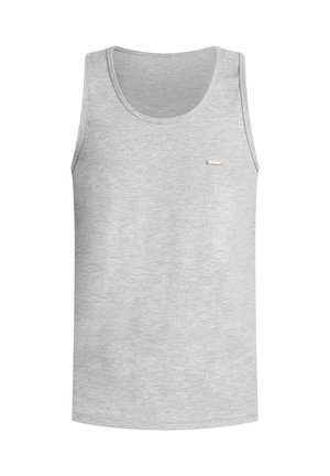 Grijze katoenen tanktop met een ronde halslijn en zonder mouwen. Heeft een klein logo label aan de linkerkant van de borst.