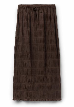 Bruine gestructureerde midirok met elastische tailleband en trekkoord, met een gekreukeld geruit patroon.