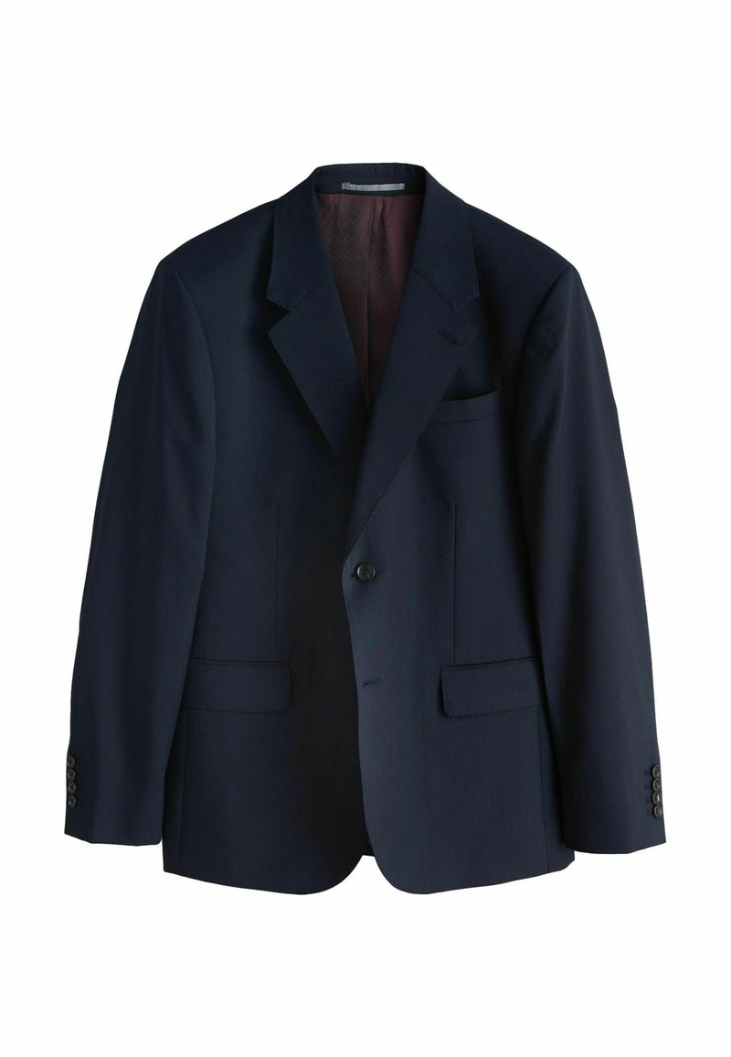 Marineblauer Blazer aus strukturiertem Stoff, mit Reverskragen, zwei Vorder- taschen, einreihiger Knopfleiste und innerem bordeauxrotem Futter.