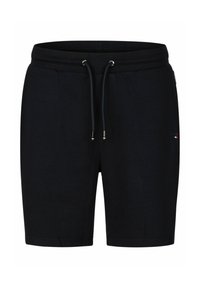 Zwarte katoenen shorts met een elastische tailleband en trekkoord. Voorzien van gouden hardware en zijzakken. Eenvoudig, effen kleurontwerp.