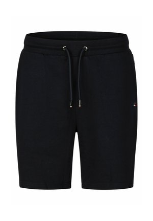 Schwarze Baumwollshorts mit elastischem Bund und Kordelzug. Mit goldfarbenen Beschlägen und Seitentaschen. Schlichtes, einfarbiges Design.
