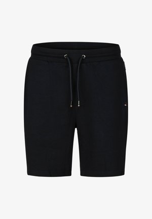 Zwarte katoenen shorts met een elastische tailleband en trekkoord. Voorzien van gouden hardware en zijzakken. Eenvoudig, effen kleurontwerp.